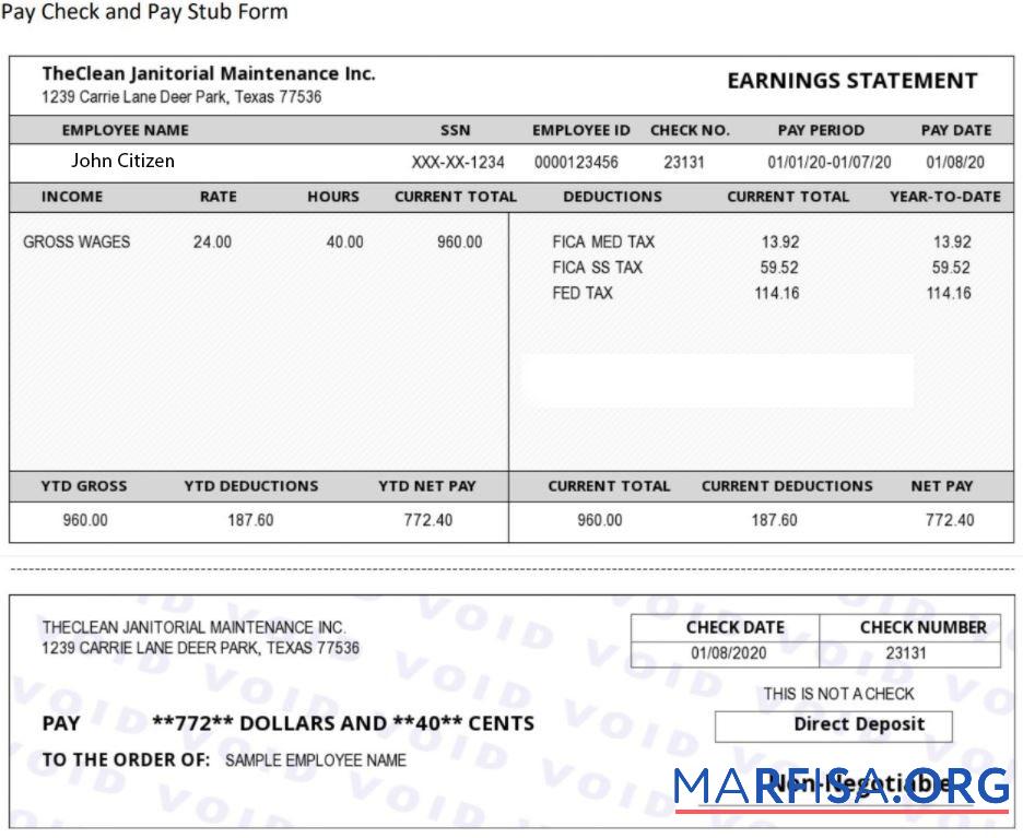Blank USA THE Clean Janitorial Mainenance Inc pay stub sample